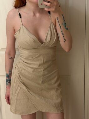 Zara Beige Linen Wrap Midi Dress